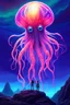 Placeholder: DALL-E 3 P: P: A stunning oil painting in anime style depicting a scary yet colorful creature with translucent, luminous qualities like a jellyfish. The creature has many detailed, iridescent eyes, multiple arms, and large ears. This creature is set against the backdrop of an incredible alien paradise planet at sunset, with vibrant colors and exaggerated perspective. The masterpiece showcases mother of pearl iridescence and holographic whites, creating a terrifying and horror-like atmosphere. Th