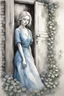 Placeholder: b&w sketch art, close up white woman in a blue vintage dress, background old wooden door, overgrown with green ivy with blue flowers, cracks, brick, sepia, watercolor, by Ryohei Hase, Agnes Cecile, Raymond Swanland, Anne Bachelie