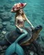 Placeholder: best angle photoshoot full body beautiful Mermaid sitting on biggest turtle,she wearing luxurious shimmer hat large made from borroque elements flowers sea, sea shore.Sony Alpha 7 50mm realistic photography