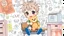 Placeholder: detailed digital art style, cute anime, detailed chibi face with smile, sitting on school desk in hand a bear toy, in colorful t-shirt and short paint and blue shooes, , messy hair random drawing background, child book style, highly detailed, no photorealism