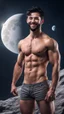 Placeholder: Hyper Realistic Shirtless Muscular Young Handsome man with beard & short black hair & red eyes on moon smiling in outer space