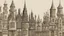 Placeholder: A highly detailed front elevation line drawing of a row of fantasy houses of different heights with tall chimneys, rooms and floors added to sides and roofs, like Harry Potter's Diagon Alley, inspired by Moebius