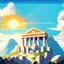 Placeholder: mount olympus from the greek mythology. High up in the mountains. Illustration. Cloudy. Sun behind the temple of Zeus.