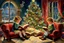 Placeholder: a painting of two children reading a book in front of a christmas tree, by Ernest William Christmas, cosy enchanted scene, vintage art, painting, storybook art, by Bob Byerley, by Jane Kelly, childrens illustrated storybook, christmas lights, christmas night, thomas kinkade painting, a storybook illustration, vintage postcard, children's storybook, nostalgic style