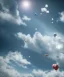 Placeholder: Ultra realistic speed clouds sky scene, wide angle view, strong men falling down with many Childs background, circus clothing style, feather color clothing, free jumping flying, many trinkets, hair monster, many jelly beans, balls, color smoke, smile, happy, extreme, wind, clouds sea, 20,000 feet altitude, stratosphere, soft color, highly detailed, unreal engine 5, ray tracing, RTX, lumen lighting, ultra detail, volumetric lighting, 3d, finely drawn, high definition, high resolution.