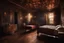 Placeholder: strange evening in vintage bedroom, deep dark colors, old wood floor, old antique bed, translucent walls, sharp contours, old balkony, ceiling the galaxy with stars, nightly lights, etheral, mystic, stunning, cinematic