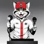 Placeholder: a drawing of a manga cat man with a sports cap and shirt, speaking at a (((lectern))) with a microphone, red, white and black colors, cat white and black colors, (((smiling cat))), microphone in one hand