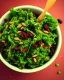 Placeholder: a bowl of salad that contains kale, carrot, avocado, dried cranberries, sesame seeds. Realistic photo. HD. Glowing. 3d style