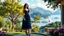 Placeholder: image of a very beautiful lady with beautiful velvet midi dark blue, lace skirt and pretty same material top with curvy hair high heels standing in a nice villa yard with trees flowers ,in country side in floor of beautiful mountains ,sea with ships ,water falls,16 by 9