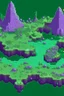 Placeholder: pixel art top down planet surface in 2d game, detailed level, mint green terrain, violet earth with plants and rocks