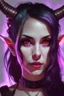 Placeholder: A portrait of a beautiful young female tiefling bard with deep red skin, fiery glowing eyes. A pair of symmetrical horns are protruding from her forehead. She has long black hair tied up in a ponytail and sidebangs.