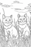 Placeholder: coloring page for kids, Cats in the grass, cartoon style, thick lines, low detail, no shading