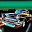 Placeholder: Detailed illustration of a [1957 Chevy], metallic body in [black], with subtle rust spots and faded paint details. The car is parked, chrome accents and custom wheels catching the light. The background shows [drag strip], with a [SKY GRADIENT COLORS]. The style is cinematic, bold, and vibrant, masterpiece digital painting with high detail and game-art inspired realism.