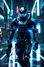 Placeholder: cyberpunk, neon blue, high technology, geometric figures, orbiting figures, cyberpunk suit, black and blue, epic, rain, neon blue suit, geometric figures orbiting around suit, exosuit, male