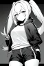 Placeholder: blonde girl with ponytails dressed in a jacket and shorts walks briskly, greyscale