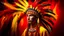 Placeholder: Native American man wearing a traditional headdress with colorful feathers, standing in front of a vibrant, abstract background with geometric shapes and patterns in warm tones of red, orange, and yellow