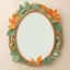 Placeholder: Oval picture frame in the colors mango and light green leaves and some light orange all on a light background