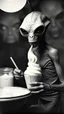 Placeholder: An old picture style of black and white mono very bad quality looks very old camera picture of alien eating Ice cream, year 1900