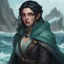 Placeholder: portrait; dungeons and dragons; human; female; warlock; the fathomless; shoulder length black hair; braids; sea green eyes; cloak; scars; young; sea clothes; kelpie; ocean water