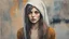 Placeholder: A portrait of a standing against the city wall sad beautiful young skinned woman with a head covering, looking straight in the camera painted in loose brushstrokes by expresiionist art