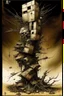 Placeholder: Strychnine totem, abstract surrealism, by Phlegm and Dave McKean, silkscreened mind-bending illustration; warm colors, off-centered fragmented composition, multiple stages of grief, dark shines war,