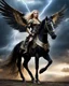 Placeholder: wide angle facing front photography fantasy art angel warrior drive black horse flying on darkstrom lightning high sky, beauty colors full body A Length image of very beautiful Super model woman,long hair blond as an Beautiful Archangel with wings made from metal craft, dressing luxurious golden and black color armor ornaments combination fully crystals diamonds stone,luxury boots shoes,she on drive horse on the high sky darkstrom