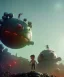 Placeholder: cute boy climbed on top of a fat robot, Ultra realistic, retro futuristic style, wide angle view, soft color, highly detailed, unreal engine 5, ray tracing, RTX, lumen lighting, ultra detail, volumetric lighting, 3d, finely drawn, high definition.