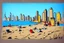 Placeholder: Sunny day, people, rocks, sand, distant modern city, stencil painting with color