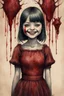 Placeholder: body anormal, smile blood, girl cute, watercolor illustration by <John Kenn Mortensen>, darkred tones,