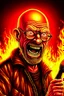 Placeholder: Firestarter animateur radio hardrock with a microphone. He has no hair. He has a thin beard. He has glasses. He's about 50 years. Seems angry. Flames all around him. He wears a sweat shirt of iron maiden.