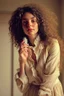 Placeholder: A beautiful woman with curly brown hair, a pensive expression, holding in one hand an old dial phone with the cord wrapped around her body, in a luxurious room in sunshine