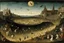 Placeholder: View of Elysium with dark female flying around over people running away in fear, creatures crawling, Hieronymus Bosch