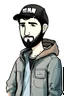 Placeholder: Hima, young man, 20 years old, journalist, black hair, short beard, wearing a press jacket ، He wears a Bluo press jacket that says, PREES ،Wearing a black sports cap, photographer , Background of destroyed buildings ،simple cartoon style for a card, signed with the name Hima. water color