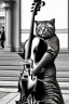 Placeholder: One single mature cat playing contrabass on the street, Vienna, thoughtful, mourning, model style, hyper realistic, extremely accurate, delicate, extremely detailed, Graphic novel style, wide-angle, open aperture, superfine pencil