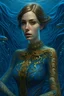 Placeholder: A woman wearing a blue dress and surrounded by underwater water, in the style of zbrush, golden age illustrations, intricate costumes, tattoo - inspired, detailed facial features, magewave, realistic hyper - detailed portraits