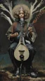 Placeholder: Hieronymus Bosch style , an black women with big curly hair playing the acoustic guitar