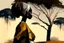 Placeholder: Design, African woman, oil painting, featureless, graphic, drawing without facial features, background, sky, trees, traditional clothes