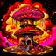 Placeholder: A fantabulous black, red, and yellow (((mushroom tower house))) erected atop a (geologic pillar), surrounded by the uncanny imaginative ((( swirling skies))), offset by the stark hues of a (neon-tinged nebulous space scape), within. captured by the hand a skilled master painter with a focus on (softly blurred compositions and voluminous lighting).