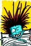 Placeholder: 2d drawing of a stickman, laying in bed, cool with punk hair, just woke up, excited, smiling ,3d realistic in colour