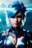 Placeholder: Cyborg anime warrior, light blue hair, blue eyes, waist up portrait, 8k resolution, intricate details, ornate details, soft lighting, vibrant colors, retroanime, masterpiece, intricate eyeliner, dark eyeshadow, eyes, intricate tattoos, jungle background,