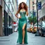 Placeholder: very beautiful lady with makeup long curly hair pretty prances jeweled maxi dress high heels, full body posing_to_camera in a modern city street