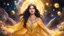 Placeholder: a beautiful dark haired girl with brown eyes, wearing a yellow dress, surrounded by celestial bodies, stones and jewels. magic environment with sunlight, nebulas and flowers. Warm smile on her face, wearing a tiara