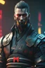 Placeholder: cyberpunk 2077 male samurai with the letter m on his mask