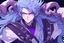 Placeholder: anime man with ram horns, fangs, messy purple hair and blue eyes