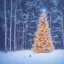 Placeholder: Huge lonely Christmas tree full of lights in a dark snowy forest, warm glow, small human standing next to it, dramatic scène