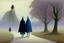 Placeholder: two people in capes and hoods seen from behind walking side by side in an empty foggy plain, above there is blue sky by artist "Leonora Carrington",by artist "Christian Schloe",by artist "Kay Sage"