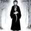Placeholder: 7 year old boy, necromancer, friendly, with a long lamprey emerging from his belly , wearing black robes, in the style of Harry Clarke
