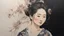 Placeholder: acrylic and line painting of a portrait a beautiful japanese lady mid-turn, bebd back,, slightly smiling, hair in bun, background adorned with dried flowers, dim lit.,chans