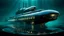 Placeholder: An unique futuristic glass and metal submarine in the ocean, with large of water surrounding it. The submarine bottom positioned in the center of the frame, providing a unique perspective on this streamlined high-techstructure underwater, high detalied, sharp focus, best shot, sci-fi mood