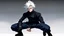 Placeholder: Satoru Gojo is a young guy white hair blue eyes black turtleneck without arms white loose pants in a defensive pose